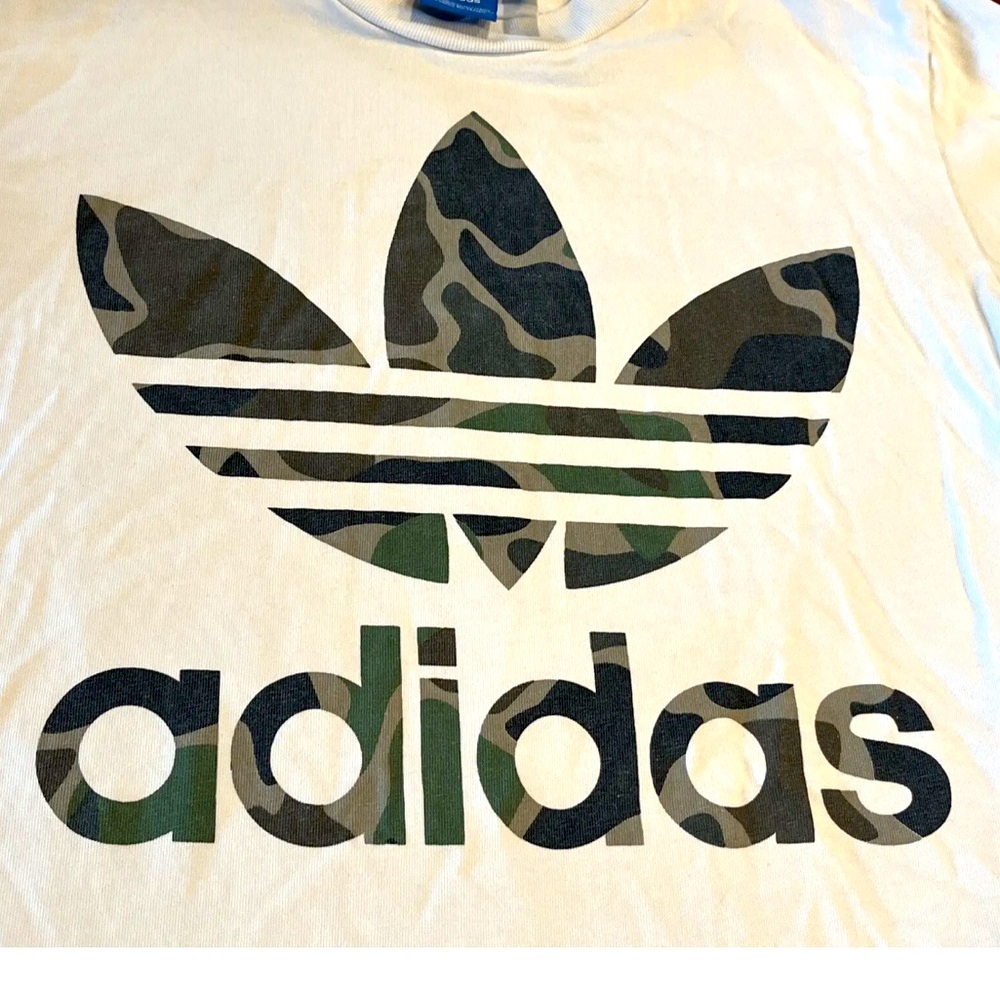 ADIDAS green CAMO BIG Trefoil FRONT T Shirt (Blue Label) Womens Small Cotton Top